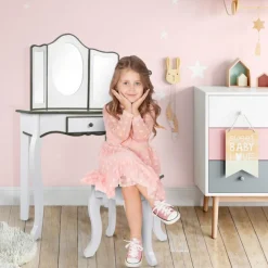 Teamson Tocador de madera blanco y gris c/taburete